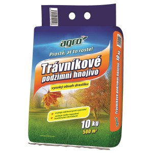 Balenie jesenného trávnikového hnojiva s potlačou, 10 kg na 500 m² plochy.