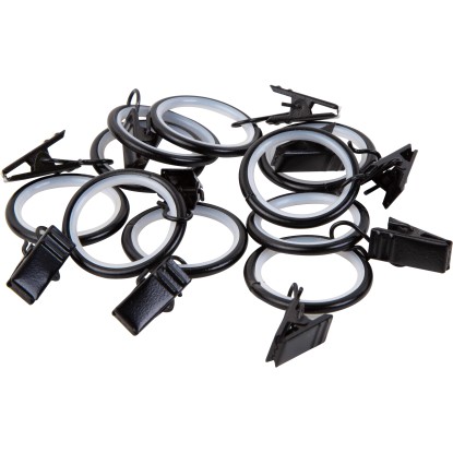 Záclonové krúžky so štipcami čierne, 10 ks, pr. 19 mm