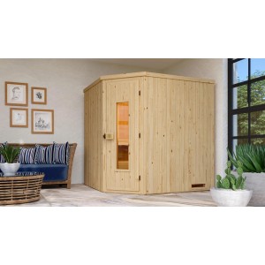 Rohová sauna Weka Varberg 2 s drevenými dverami a kachľami 7,5 kW.