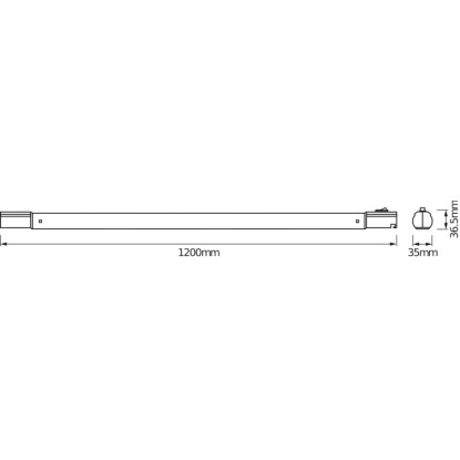 Technický nákres LED podlinkového svietidla Ledvance TubeKit, 120cm, s rozmermi.