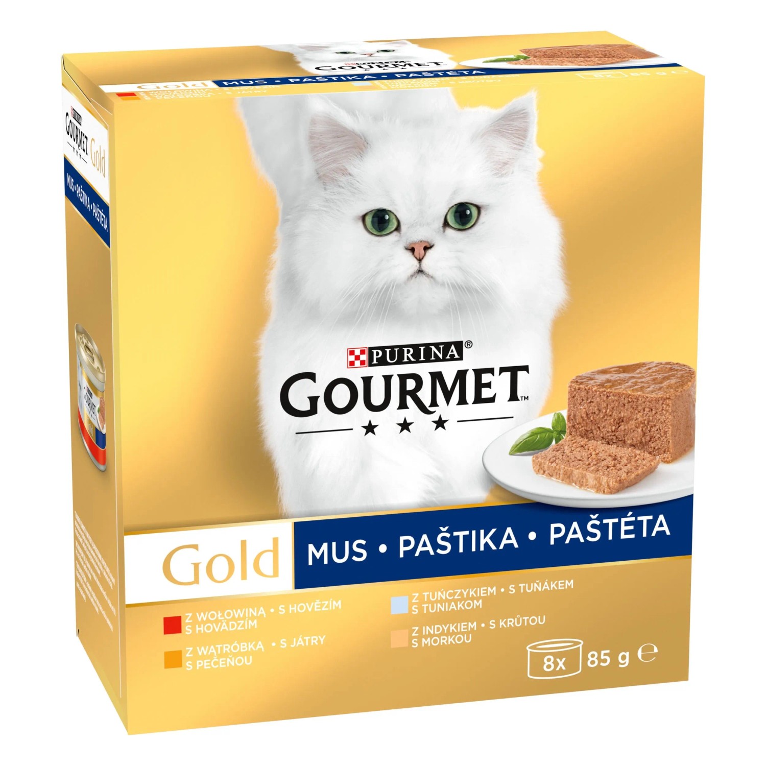 E-shop Gourmet Gold Paštéty pre mačky hovädzie, pečeň, tuniak, morka 8 x 85 g