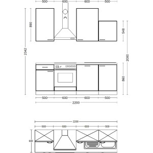 Nákres kuchynskej linky Flex-Well Exclusiv Abaco, 220 cm, perleť/akácia, s rozmermi.