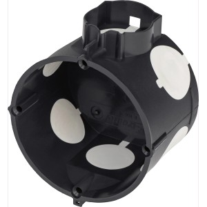 Čierna prístrojová krabica, hĺbka 45 mm, s bielou membránou a skrutkovacími kupolami pre zapustenú montáž.