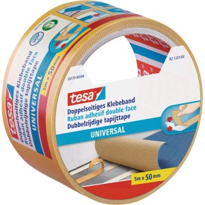 Tesa Universal obojstranná lepiaca páska, 5 m x 50 mm, pre bezpečné držanie pri ručných prácach a dekoráciách.