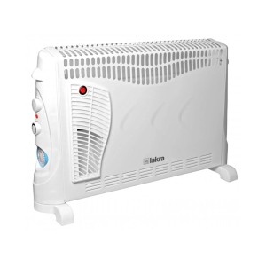 Biely elektrický ohrievač t.b.t. s ventilátorom a ovládačmi.