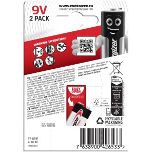 Energizer Max 9V alkalická batéria E-Block, 2 kusy.