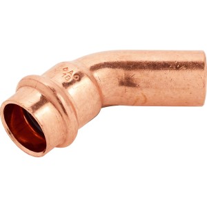 Medené lisovacie koleno 45 stupňov, priemer 28 mm x 18 mm pre kúrenie a inštalatérstvo.