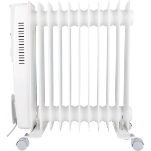 Biely olejový radiátor Grena s 11 rebrami, 2500 W, s kolieskami, elektrický ohrievač pre vnútorné použitie.