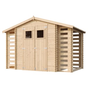 Drevený záhradný domček Timbela M391 s regálmi na drevo, 5,47 m², neošetrený.