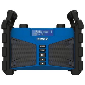 Modré staveniskové rádio Narex s LCD displejom a robustným puzdrom.