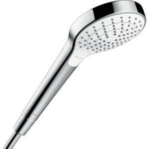 Ručná sprcha Hansgrohe Croma Select S Vario, 3 druhy prúdu, bielo-chróm. Sprchová hlavica s tlačidlom Select.