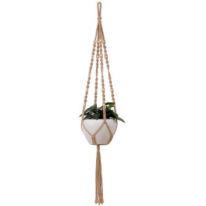 Makramé jutový závesný kvetináč, 100 cm, s kvetináčom a rastlinou. Dekoratívny záves na kvety do interiéru.