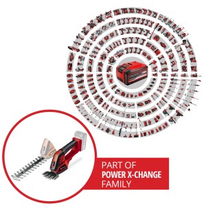 Akumulátorové nožnice na trávu a kríky Einhell Power X-Change GE-CG 18/100 Li-Solo s akumulátorom Power X-Change.