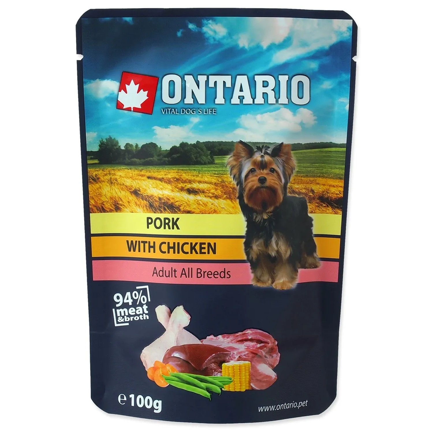 E-shop ONTARIO Kapsička pre psov Adult s kuracím a bravčovým mäsom vo vývare 100 g