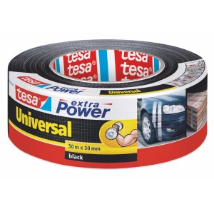 Čierna univerzálna textilná páska Tesa Extra Power, 50 m x 50 mm, na rolke. Na rýchle opravy a upevnenie.