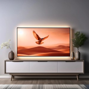 TV s LED pásikom a púštnou scénou. Atmosférické nepriame osvetlenie.