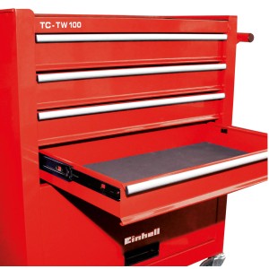 Červený dielenský vozík Einhell TC-TW 100 s otvorenou zásuvkou a štyrmi zásuvkami.