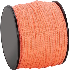 Oranžová polypropylénová šnúra (Ø 2 mm) na kotúči, vhodná na viazanie balíkov a darčekov.