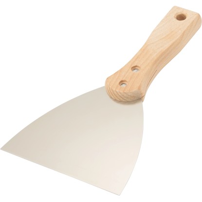 Špachtľa 120 mm so drevenou rukoväťou a oceľovou čepeľou na opravy omietok.