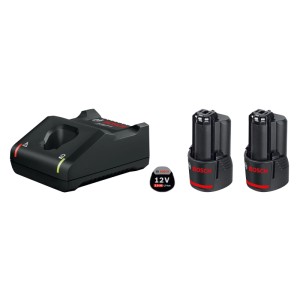 Štartovacia súprava Bosch Professional: čierna nabíjačka GAL 12 V-40 a dve 12V 2Ah Li-Ion batérie pre náradie.