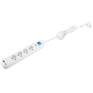 Biela predlžovacia šnúra s vypínačom a USB portami, praktický doplnok pre vnútorné použitie.