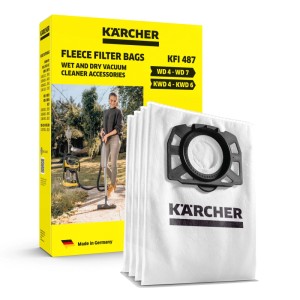 Sada Kärcher flísových filtrov: 4 odolné vrecká pre mokro-suché vysávače. Žltá krabica, biele vrecká.