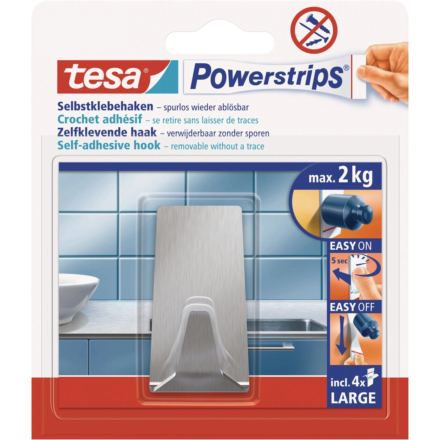 E-shop tesa Samolepiaci háčik Powerstrips L veľký obdĺžnikový, nerezová oceľ, 1 ks