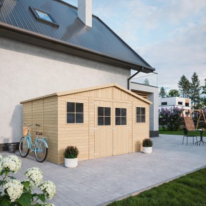 Drevený záhradný domček Timbela M331+M331G, 11,91 m², s oknami a podlahou v záhrade.