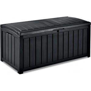 Čierny úložný box na vankúše s dizajnom dreva pre záhradu a terasu.