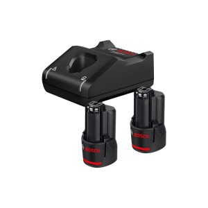 Štartovacia súprava Bosch Professional s dvoma 12V batériami a nabíjačkou.