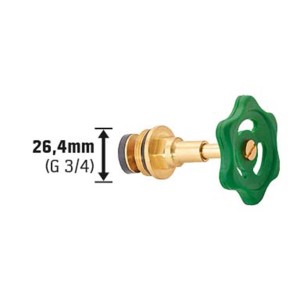 Šikmý ventil 26,4 mm (G 3/4) z mosadze so zeleným ručným kolieskom na reguláciu prietoku.