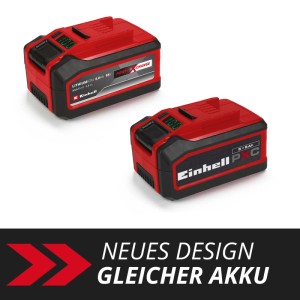 Dve červené batérie Einhell 18V 5-8Ah Multi-Ah PXC pre elektrické náradie. Kompaktný dizajn s digitálnym displejom.