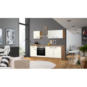 Kuchynská linka Flex-Well Vintea 210 cm, Magnolia/Lancelot Oak, so sporákom, drezom a digestorom.