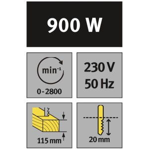 Piktogramy pre elektrickú chvostovú pílu CMI C-ESS-900: výkon, zdvih, hĺbka rezu a upínanie pílového listu.