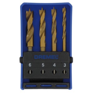 Sada vrtákov do dreva Dremel 636 so 4 vrtákmi (3-6 mm) v modrom puzdre.