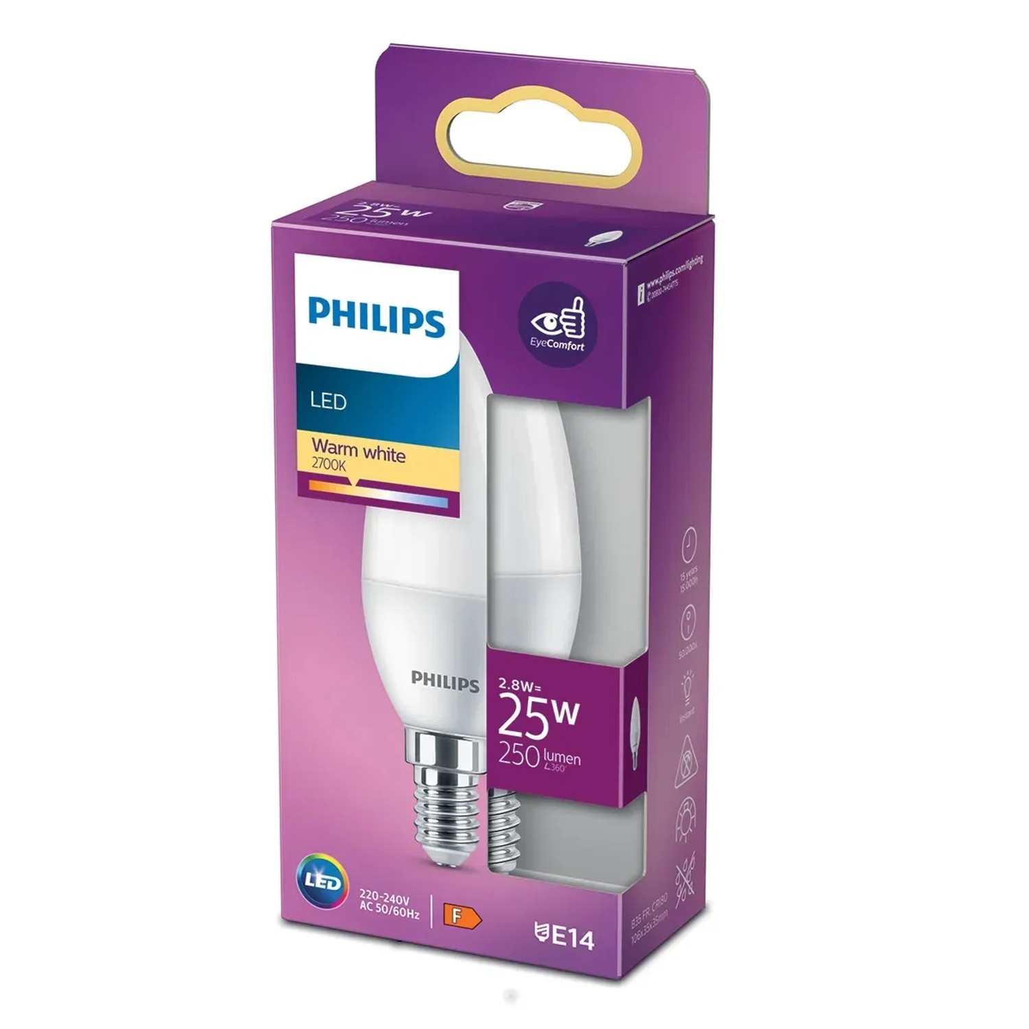E-shop Philips Classic LED žiarovka E14, 2,8 W, 250 lm, 2700 K, tvar sviečky
