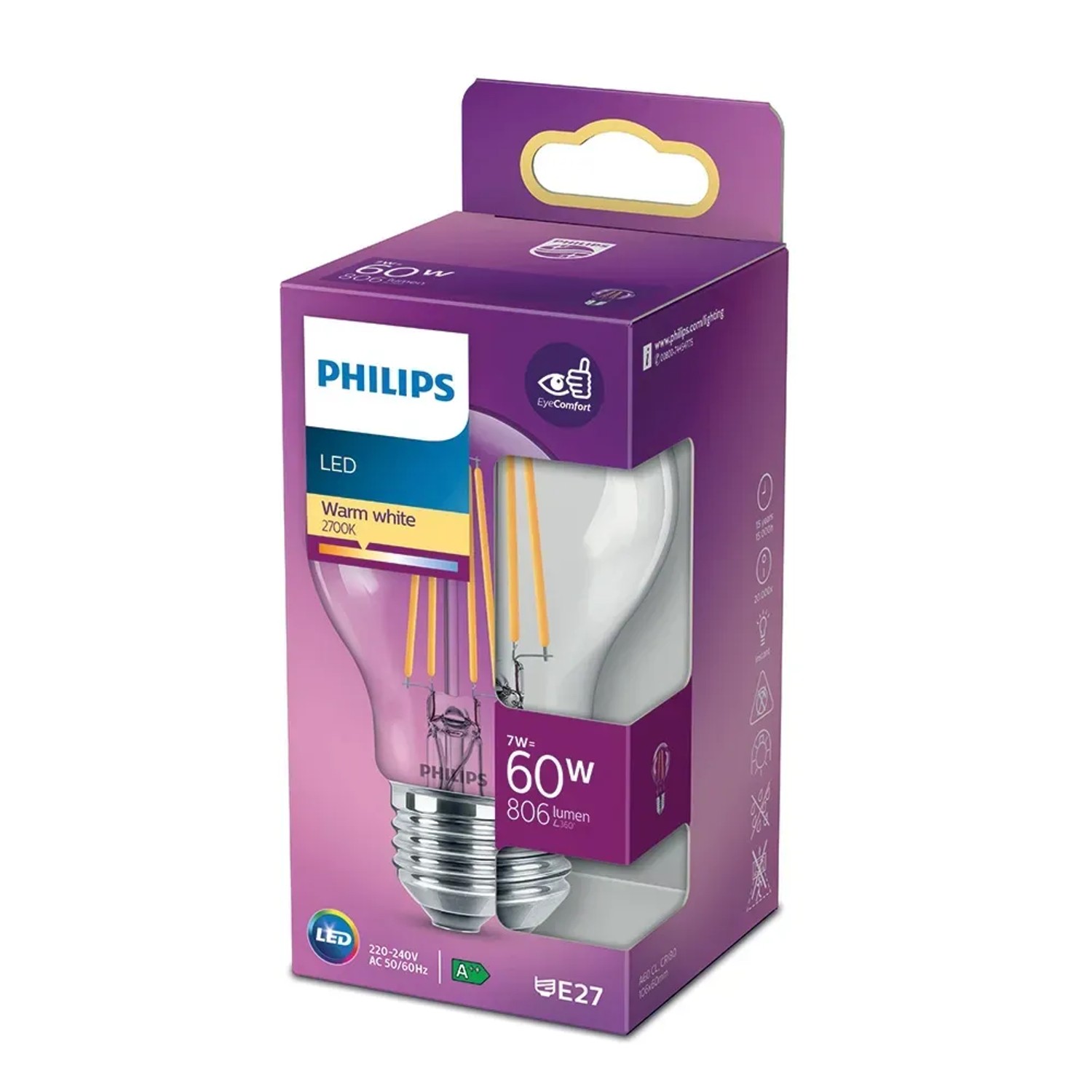 E-shop Philips Classic LED žiarovka E27, 7 W, 806 lm, 2700 K, číra