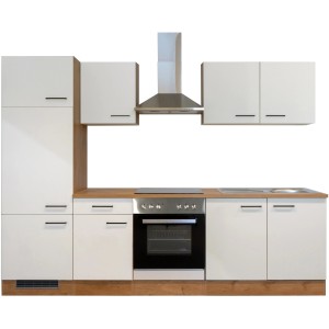 Moderná kuchynská linka Vintea 270 cm vo farbe Magnolia/Lancelot Oak so spotrebičmi a digestorom.