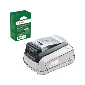Bosch USB adaptér powerbanka Universal 18V-45. Čierny adaptér s USB-A/C portmi, kovovou sponou, pre 18V akumulátory.