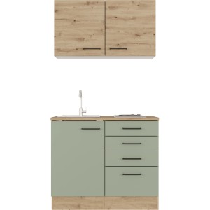Flex-Well Cara Mini kuchynka, 100 cm, trstinová zelená/dub artisan, s drezom a varnou doskou.