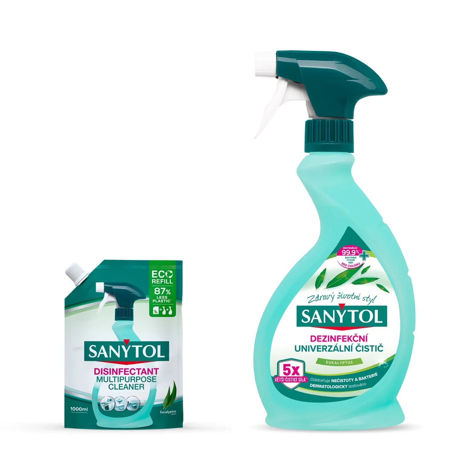 E-shop Sanytol Dezinfekčný univerzálny čistič eukalyptus 500 ml + náhradná náplň 1 l