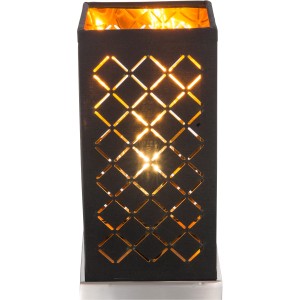 Stolná lampa Globo Clarke, čierno-zlatá nočná lampa so štvorcovým textilným tienidlom a ozdobnými prierazmi.