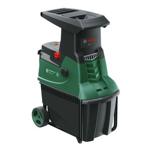 Záhradný drvič Bosch AXT 25 TC, zeleno-čierny, s turbínovým rezacím systémom, zberným boxom a kolesami.