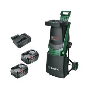 Akumulátorový drvič Bosch UniversalShredder s akumulátormi a nabíjačkou. Elektrický drvič v zelenej a čiernej farbe.