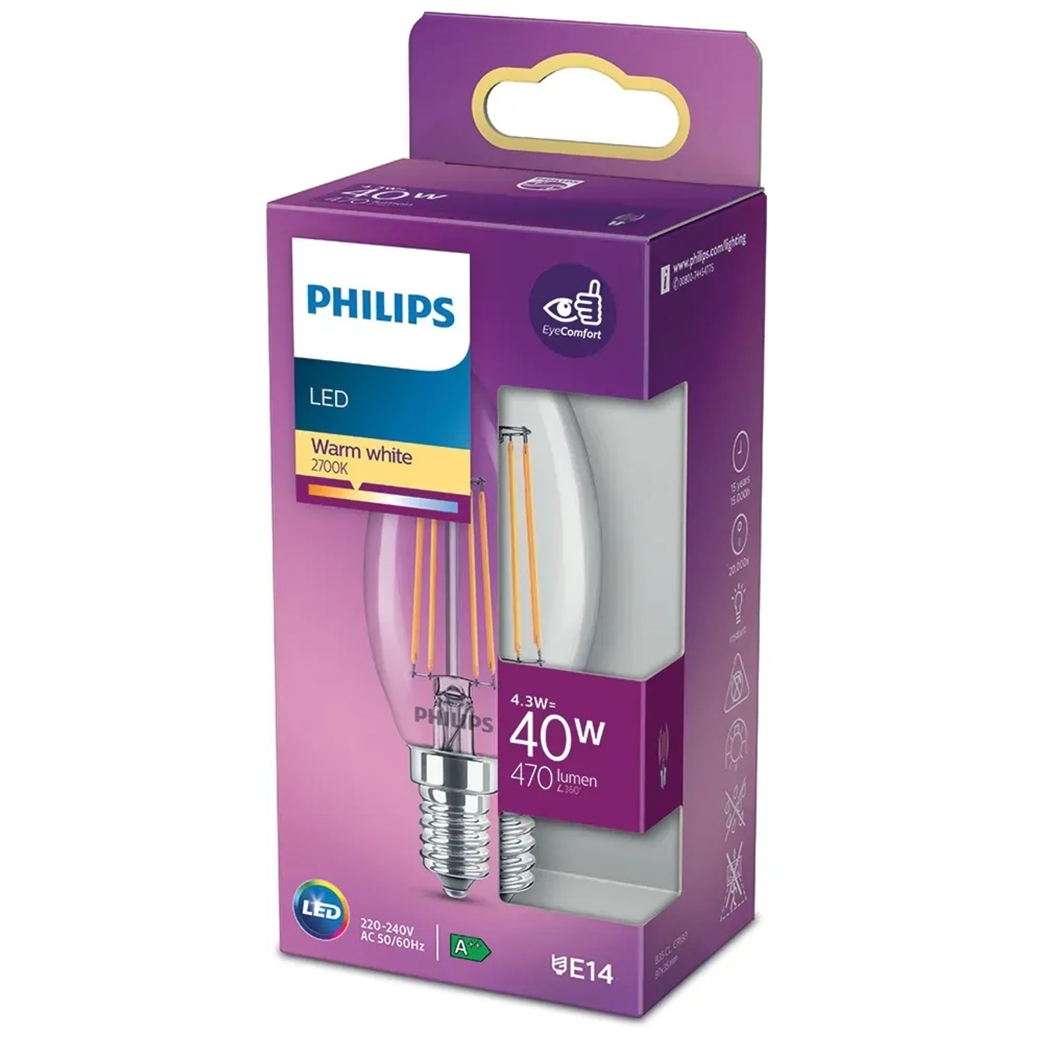 E-shop Philips Classic LED žiarovka E14, 4,3 W, 470 lm, 2700 K, tvar sviečky