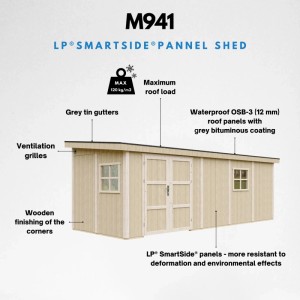 Timbela Premium prístrešok M941B, béžovo-hnedý, 14,3 m², s dvoma oknami a dvojitými dverami.