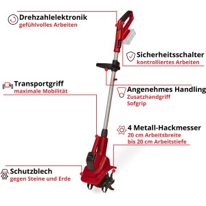 Einhell Power X-Change GE-CR 18/20 Li E - Solo: Červená motorová motyka s nožmi a batériou pre záhradu a záhony.