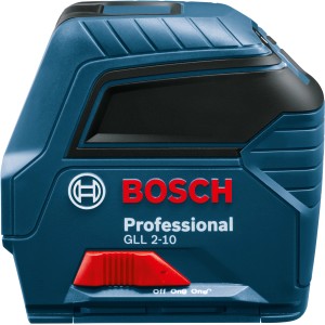 Krížový čiarový laser Bosch Professional GLL 2-10 v modrej farbe s červeným spínačom.