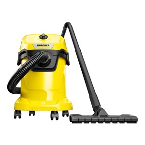 Žltý vysávač na mokré a suché vysávanie Kärcher WD 3 V-17/4/20 s príslušenstvom.