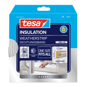 tesa Insulation Premium silikónová tesniaca páska, priehľadná, 6m, na balení s ukážkou použitia na okne.